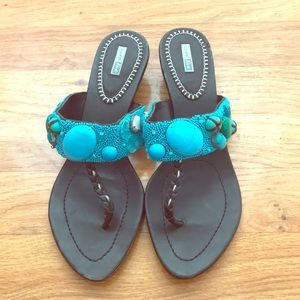 Coral Blue Beaded Sandal Chunky Heel